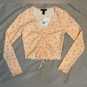 NWT Forever 21 Pink Floral Cinch V-Neck Long Sleeve Blouse Women’s Size Small